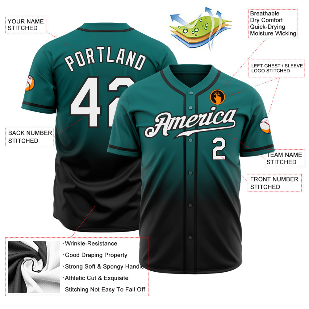 Custom Teal White-Black Authentic Fade Fashion Baseball Jersey - Sky-Custom