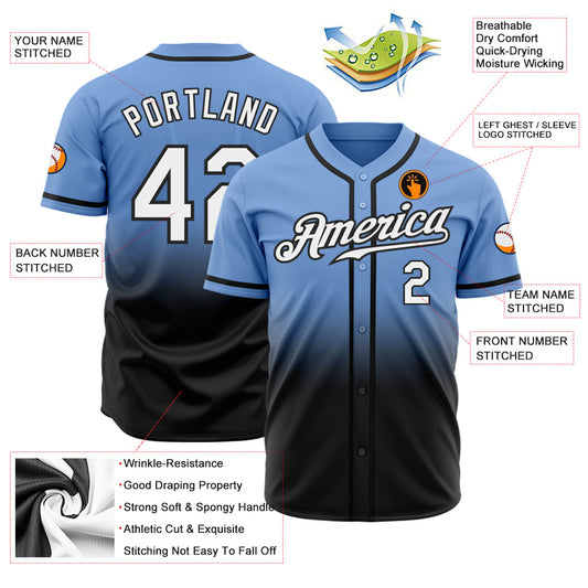 Custom Light Blue White-Black Authentic Fade Fashion Baseball Jersey - Sky-Custom