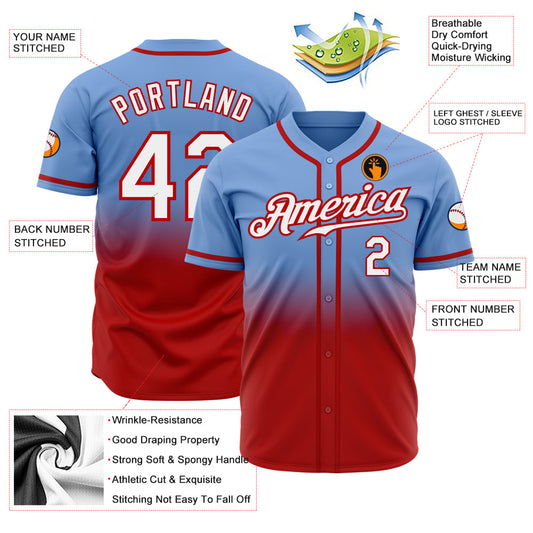 Custom Light Blue White-Red Authentic Fade Fashion Baseball Jersey - Sky-Custom