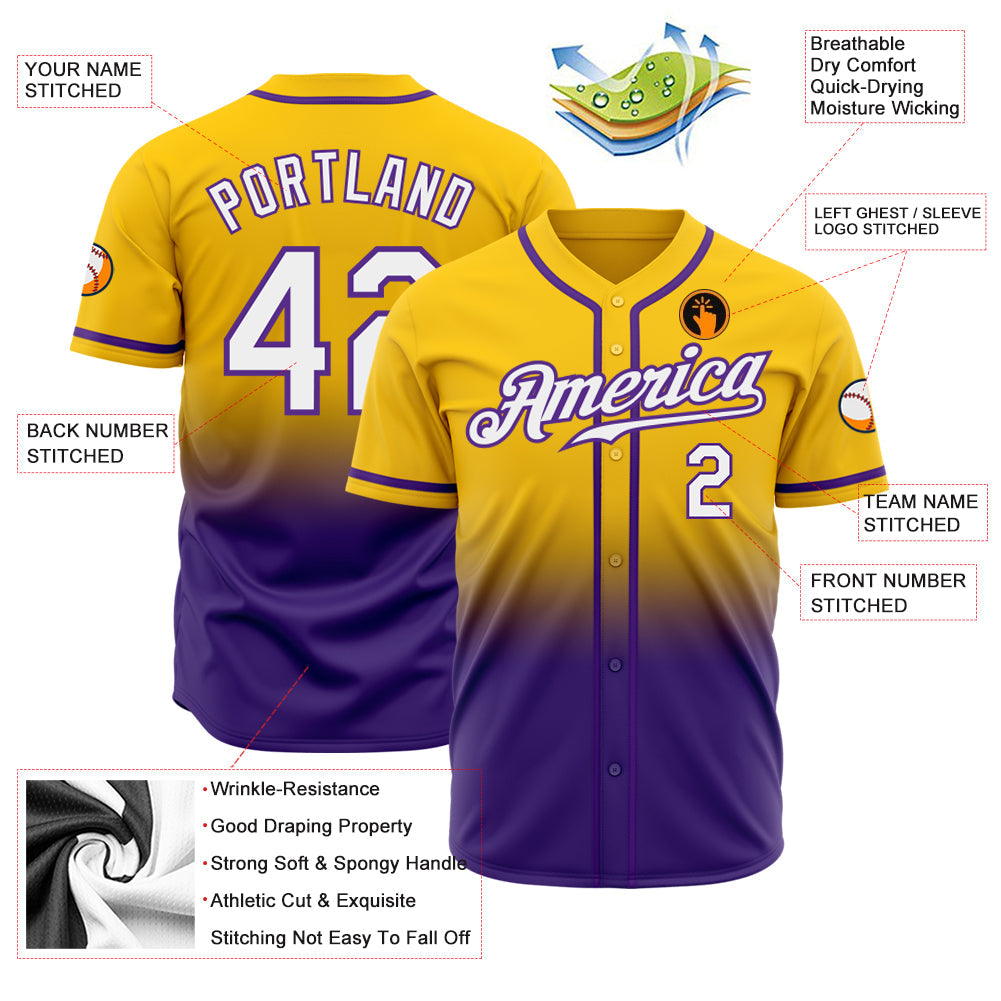 Custom Yellow White-Purple Authentic Fade Fashion Baseball Jersey - Sky-Custom