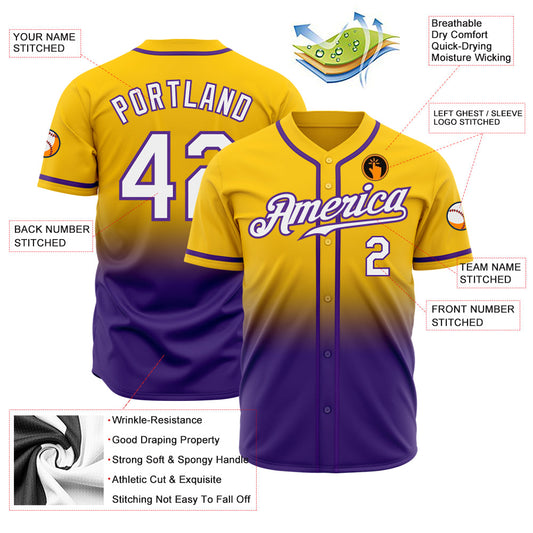 Custom Yellow White-Purple Authentic Fade Fashion Baseball Jersey - Sky-Custom