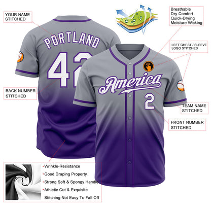 Custom Gray White-Purple Authentic Fade Fashion Baseball Jersey - Sky-Custom