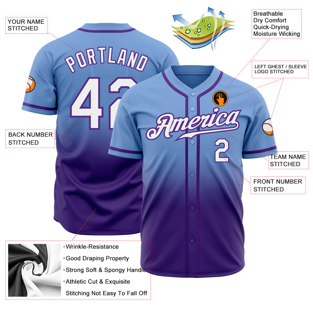 Custom Light Blue White-Purple Authentic Fade Fashion Baseball Jersey - Sky-Custom