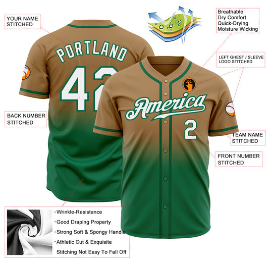 Custom Old Gold White-Kelly Green Authentic Fade Fashion Baseball Jersey - Sky-Custom