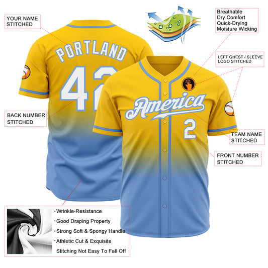 Custom Yellow White-Light Blue Authentic Fade Fashion Baseball Jersey - Sky-Custom