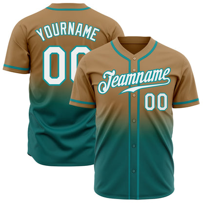 Custom Old Gold White-Teal Authentic Fade Fashion Baseball Jersey - Sky-Custom