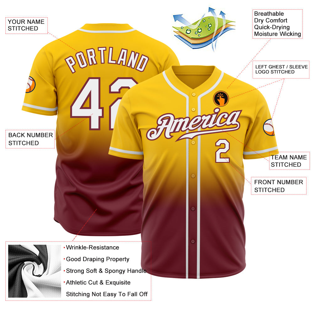 Custom Yellow White-Burgundy Authentic Fade Fashion Baseball Jersey - Sky-Custom