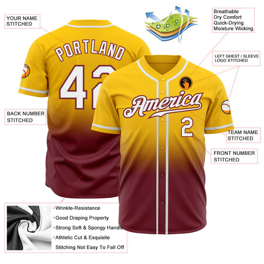 Custom Yellow White-Burgundy Authentic Fade Fashion Baseball Jersey - Sky-Custom