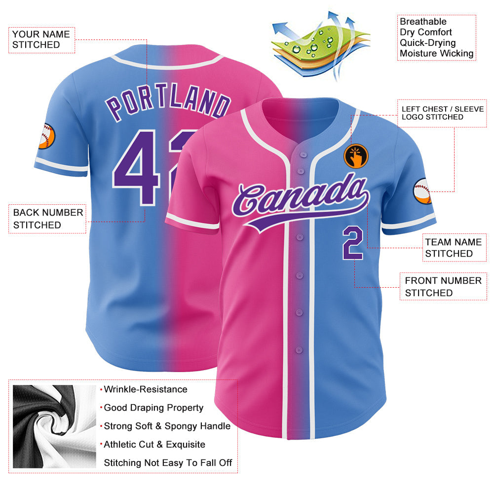 Custom Powder Blue Purple-Pink Authentic Gradient Fashion Baseball Jersey - Sky-Custom