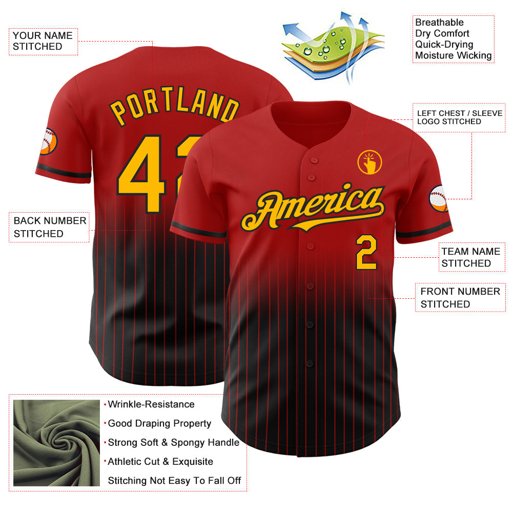 Custom Red Pinstripe Gold-Black Authentic Fade Fashion Baseball Jersey - Sky-Custom