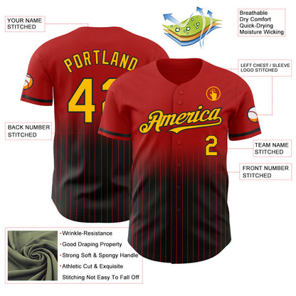 Custom Red Pinstripe Gold-Black Authentic Fade Fashion Baseball Jersey - Sky-Custom