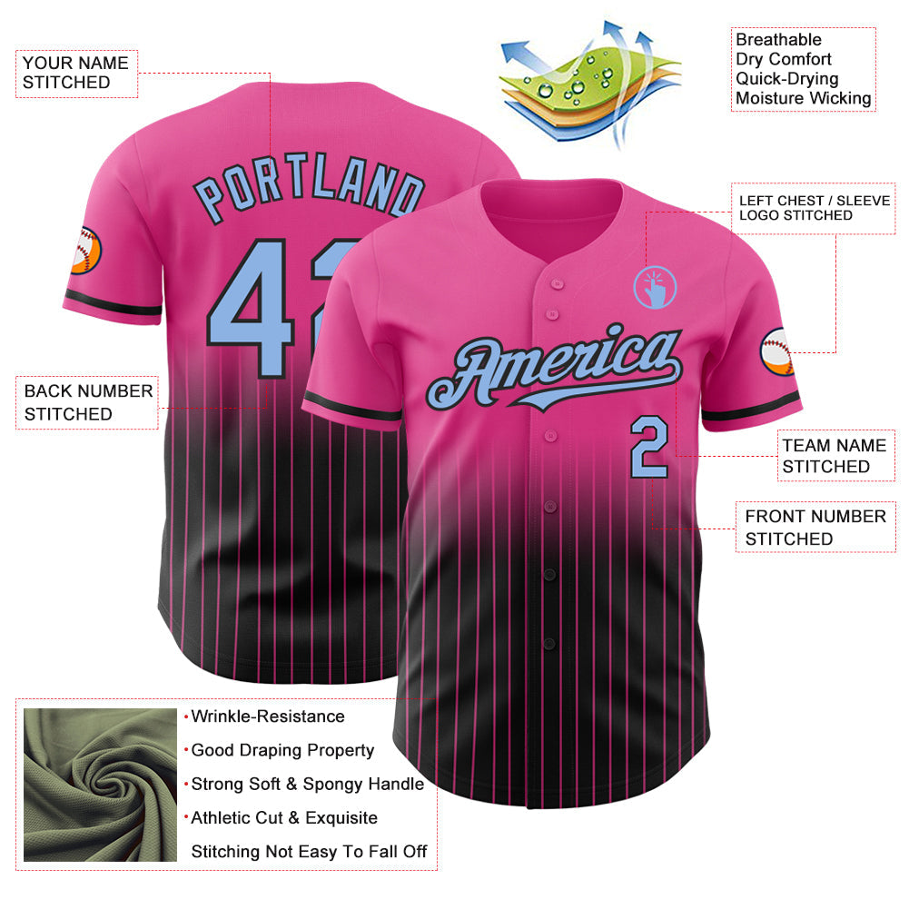 Custom Pink Pinstripe Light Blue-Black Authentic Fade Fashion Baseball Jersey - Sky-Custom