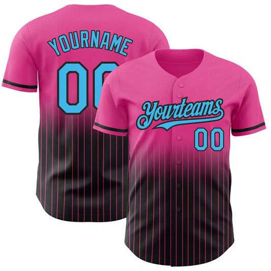 Custom Pink Pinstripe Sky Blue-Black Authentic Fade Fashion Baseball Jersey - Sky-Custom