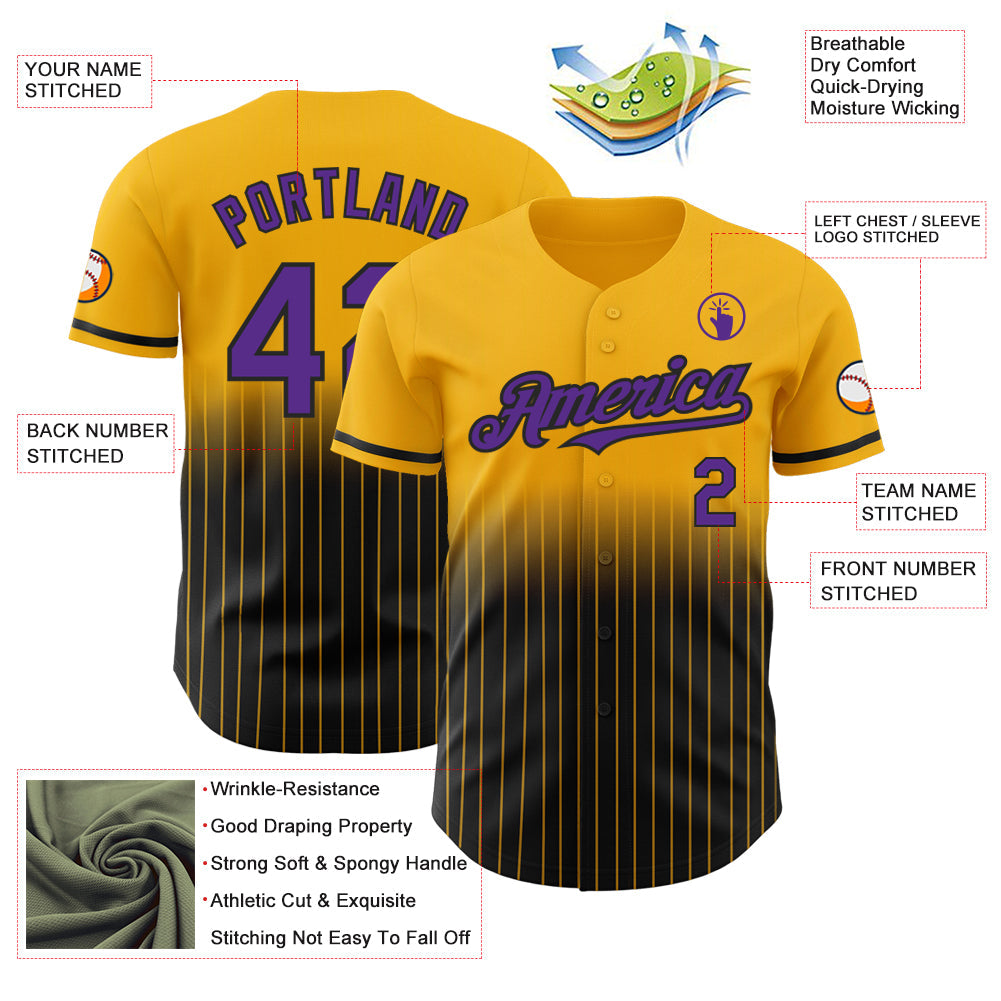 Custom Gold Pinstripe Purple-Black Authentic Fade Fashion Baseball Jersey - Sky-Custom