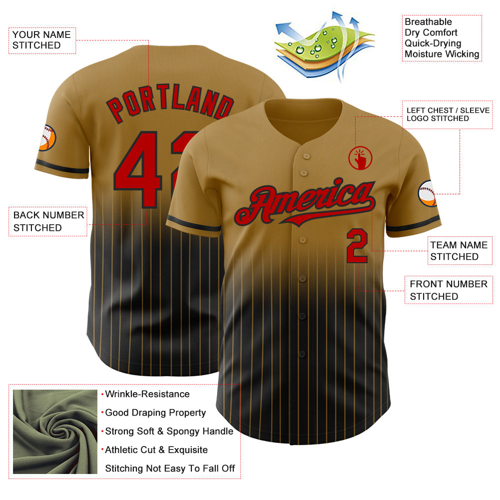 Custom Old Gold Pinstripe Red-Black Authentic Fade Fashion Baseball Jersey - Sky-Custom