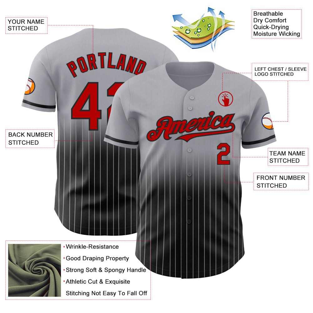 Custom Gray Pinstripe Red-Black Authentic Fade Fashion Baseball Jersey - Sky-Custom