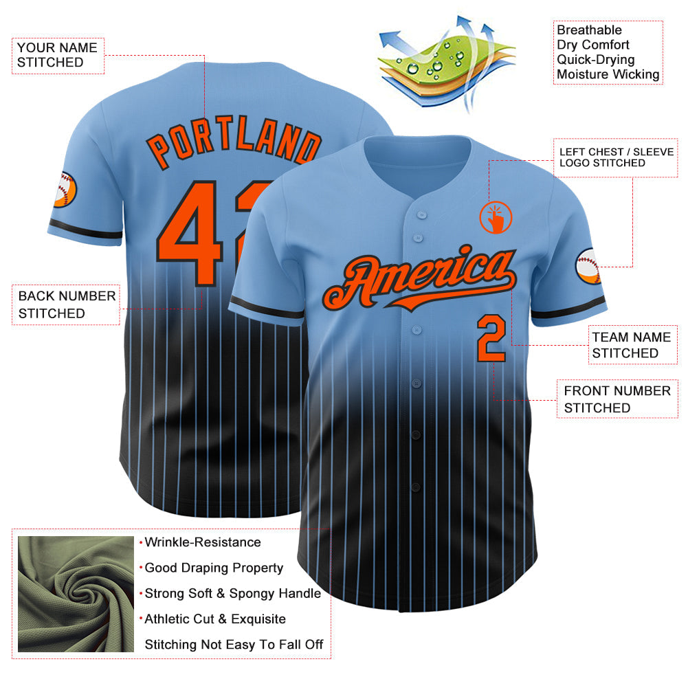 Custom Light Blue Pinstripe Orange-Black Authentic Fade Fashion Baseball Jersey - Sky-Custom