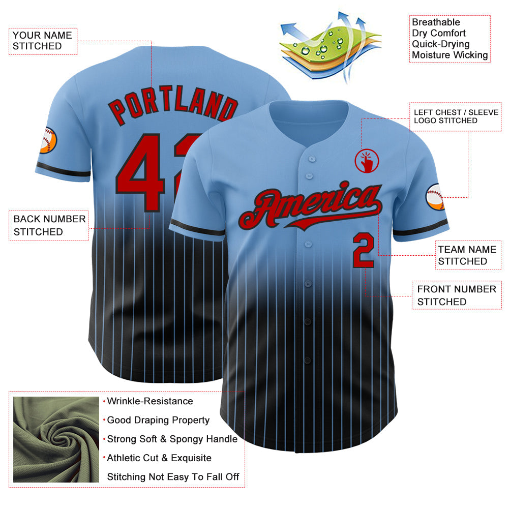 Custom Light Blue Pinstripe Red-Black Authentic Fade Fashion Baseball Jersey - Sky-Custom