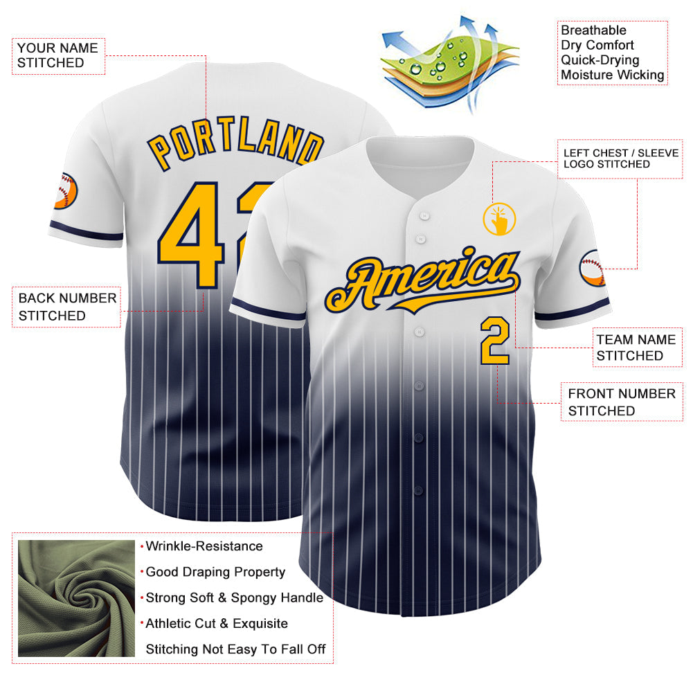 Custom White Pinstripe Gold-Navy Authentic Fade Fashion Baseball Jersey - Sky-Custom