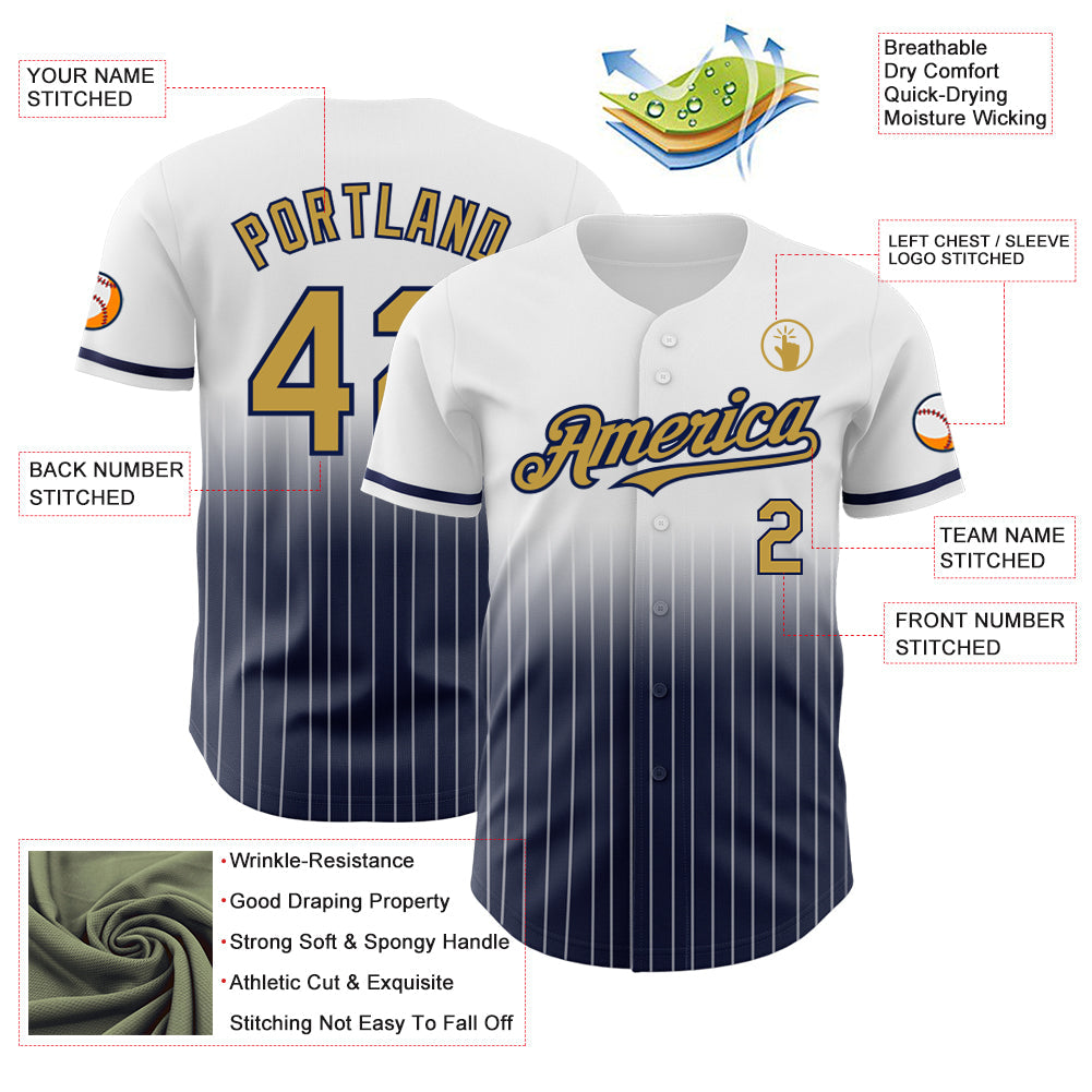 Custom White Pinstripe Old Gold-Navy Authentic Fade Fashion Baseball Jersey - Sky-Custom
