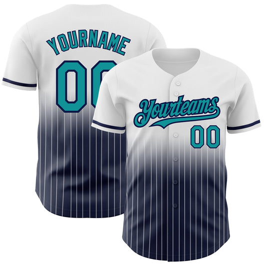 Custom White Pinstripe Teal-Navy Authentic Fade Fashion Baseball Jersey - Sky-Custom