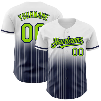 Custom White Pinstripe Neon Green-Navy Authentic Fade Fashion Baseball Jersey - Sky-Custom