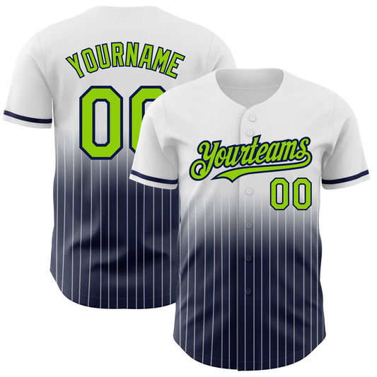 Custom White Pinstripe Neon Green-Navy Authentic Fade Fashion Baseball Jersey - Sky-Custom