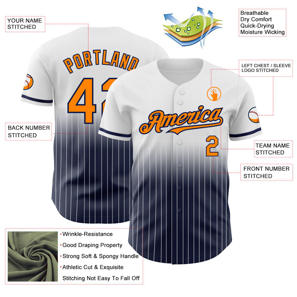 Custom White Pinstripe Bay Orange-Navy Authentic Fade Fashion Baseball Jersey - Sky-Custom