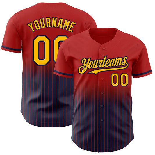 Custom Red Pinstripe Gold-Navy Authentic Fade Fashion Baseball Jersey - Sky-Custom