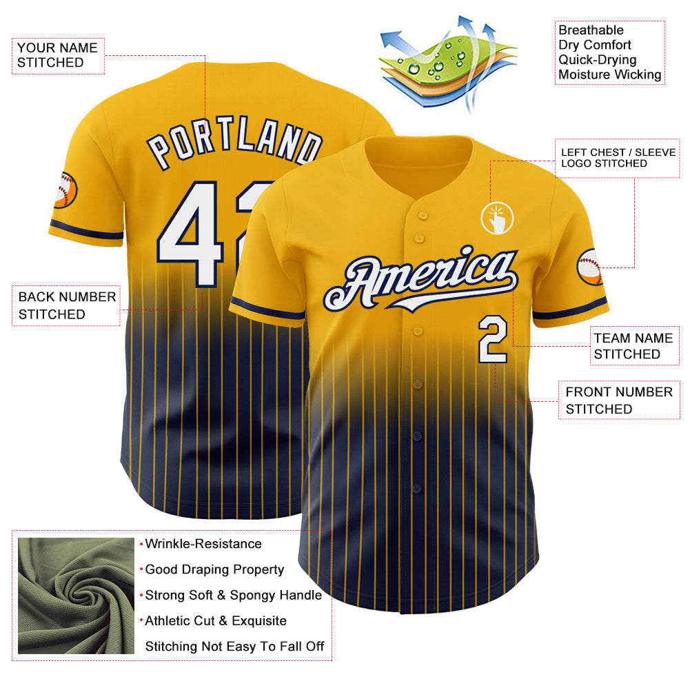 Custom Gold Pinstripe White-Navy Authentic Fade Fashion Baseball Jersey - Sky-Custom