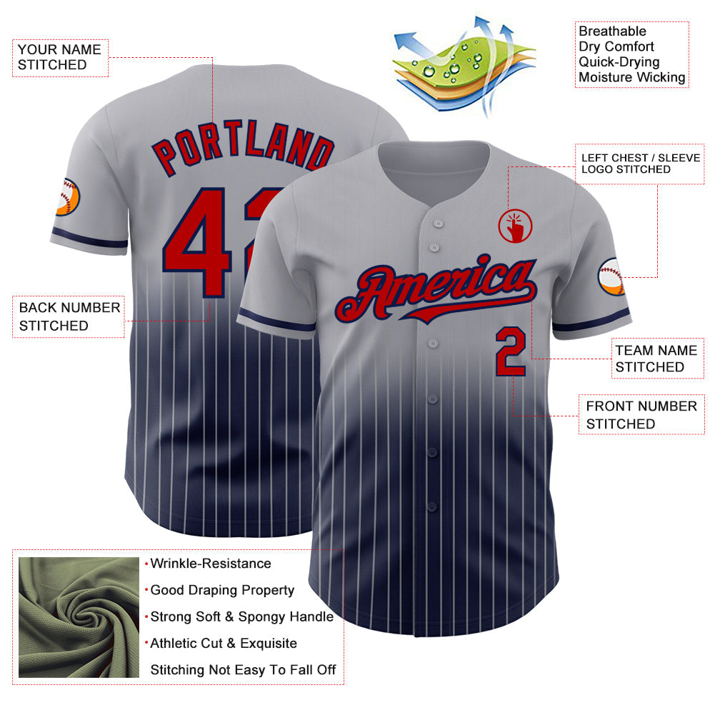 Custom Gray Pinstripe Red-Navy Authentic Fade Fashion Baseball Jersey - Sky-Custom
