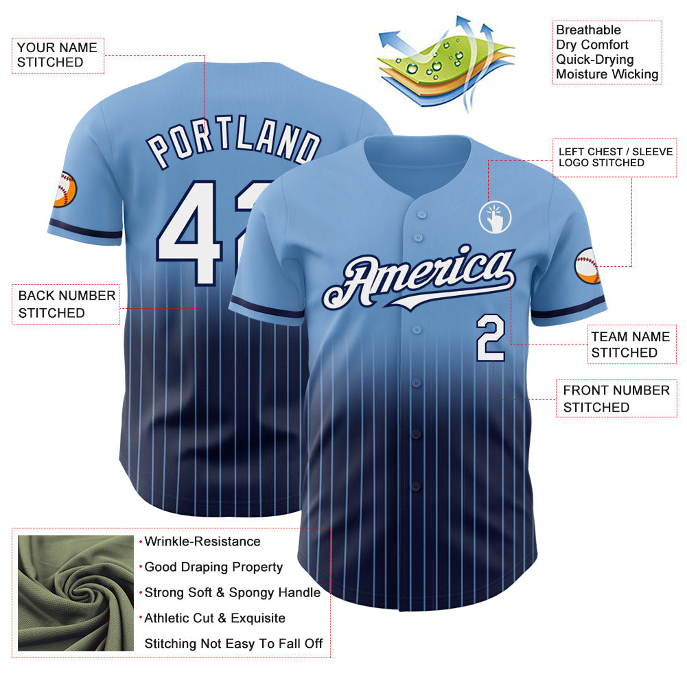 Custom Light Blue Pinstripe White-Navy Authentic Fade Fashion Baseball Jersey - Sky-Custom