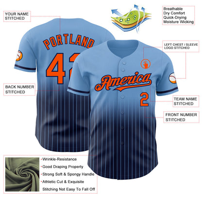 Custom Light Blue Pinstripe Orange-Navy Authentic Fade Fashion Baseball Jersey - Sky-Custom