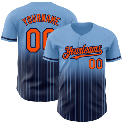 Custom Light Blue Pinstripe Orange-Navy Authentic Fade Fashion Baseball Jersey - Sky-Custom