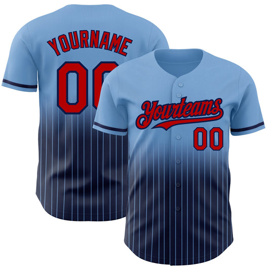 Custom Light Blue Pinstripe Red-Navy Authentic Fade Fashion Baseball Jersey - Sky-Custom