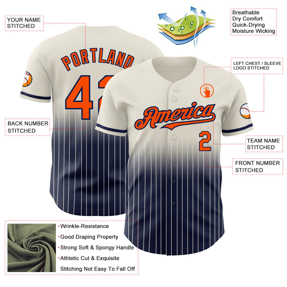 Custom Cream Pinstripe Orange-Navy Authentic Fade Fashion Baseball Jersey - Sky-Custom