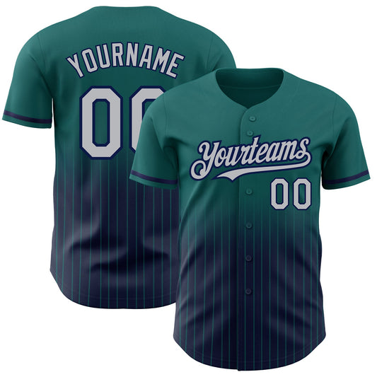 Custom Teal Pinstripe Gray-Navy Authentic Fade Fashion Baseball Jersey - Sky-Custom