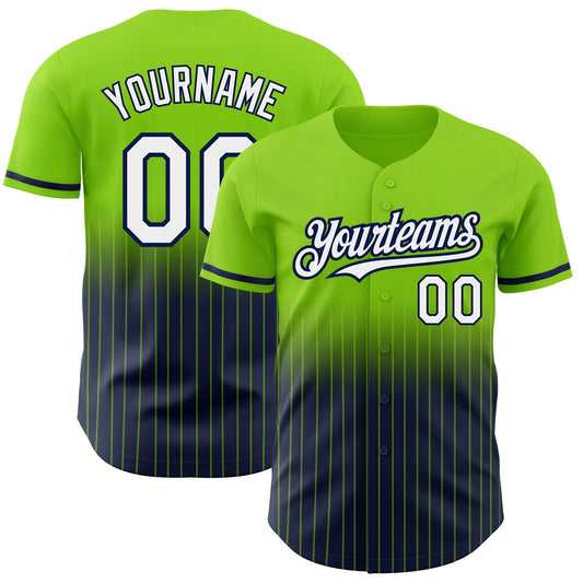 Custom Neon Green Pinstripe White-Navy Authentic Fade Fashion Baseball Jersey - Sky-Custom