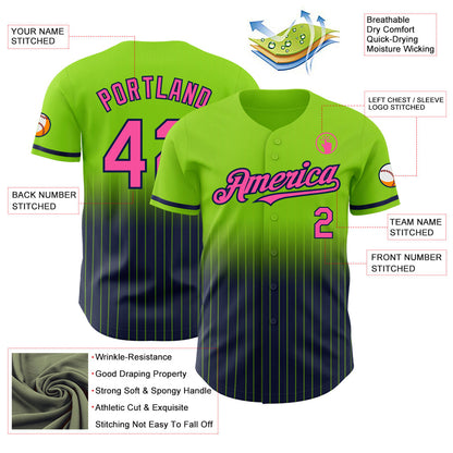Custom Neon Green Pinstripe Pink-Navy Authentic Fade Fashion Baseball Jersey - Sky-Custom