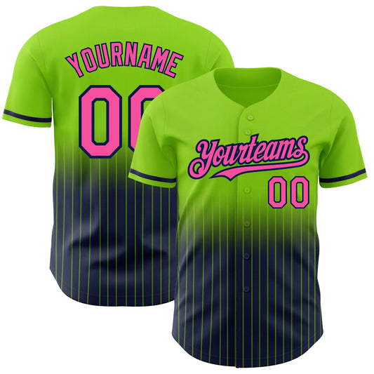 Custom Neon Green Pinstripe Pink-Navy Authentic Fade Fashion Baseball Jersey - Sky-Custom