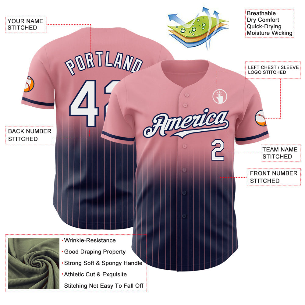 Custom Medium Pink Pinstripe White-Navy Authentic Fade Fashion Baseball Jersey - Sky-Custom