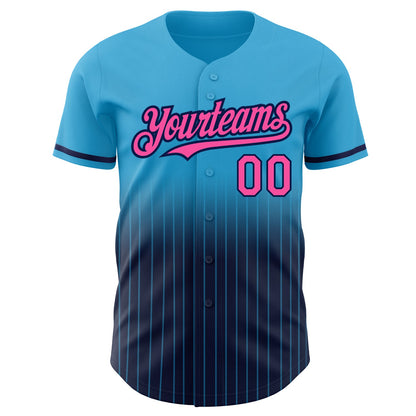 Custom Sky Blue Pinstripe Pink-Navy Authentic Fade Fashion Baseball Jersey - Sky-Custom