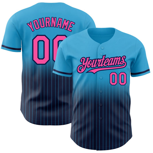 Custom Sky Blue Pinstripe Pink-Navy Authentic Fade Fashion Baseball Jersey - Sky-Custom