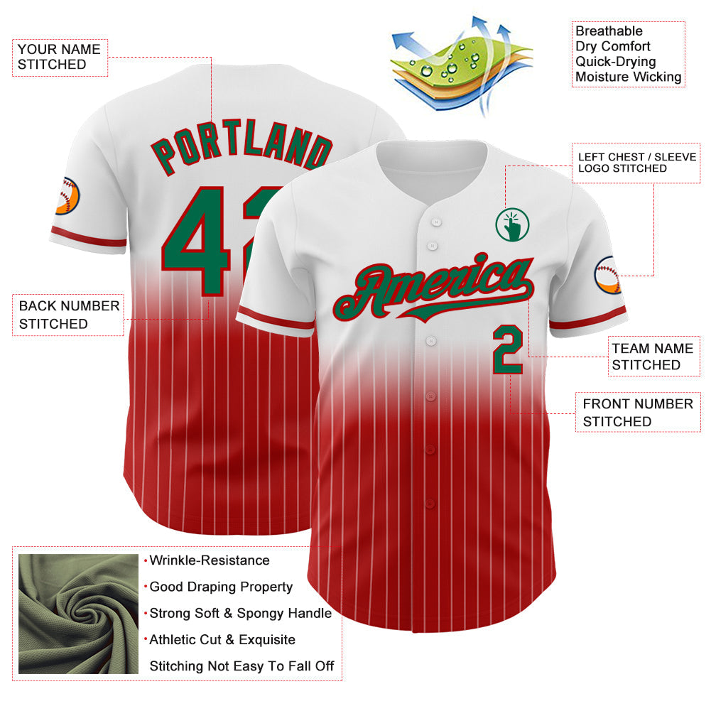 Custom White Pinstripe Kelly Green-Red Authentic Fade Fashion Baseball Jersey - Sky-Custom