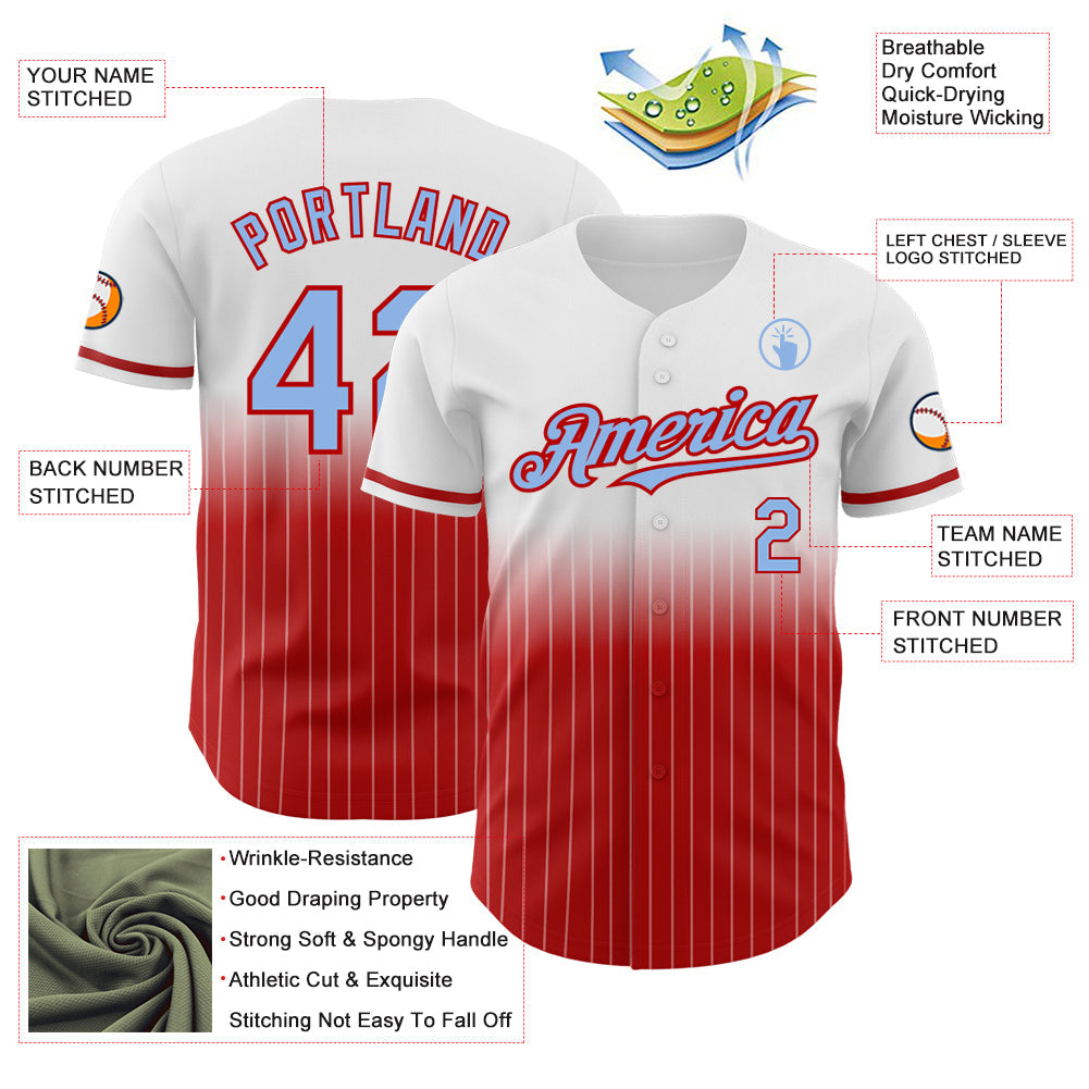 Custom White Pinstripe Light Blue-Red Authentic Fade Fashion Baseball Jersey - Sky-Custom