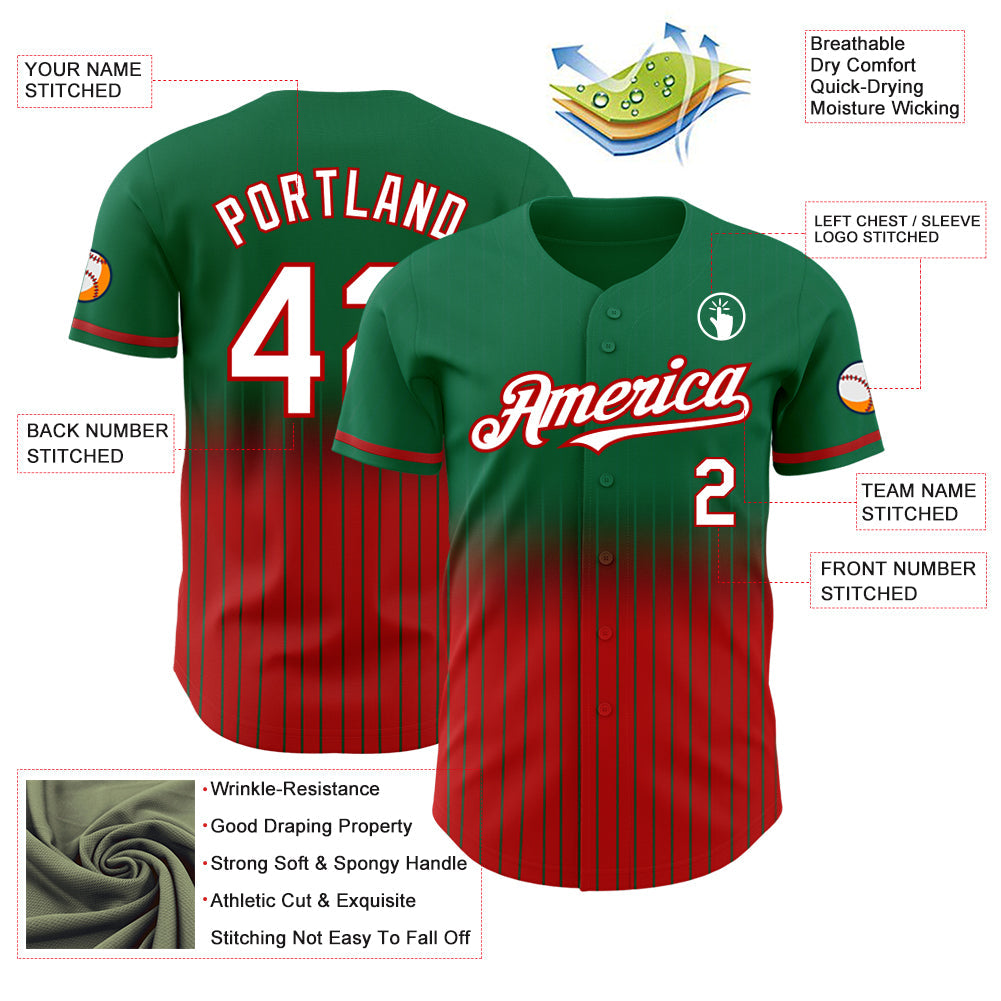 Custom Kelly Green Pinstripe White-Red Authentic Fade Fashion Baseball Jersey - Sky-Custom