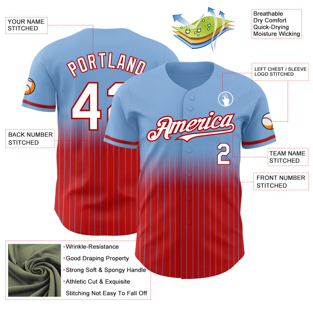 Custom Light Blue Pinstripe White-Red Authentic Fade Fashion Baseball Jersey - Sky-Custom