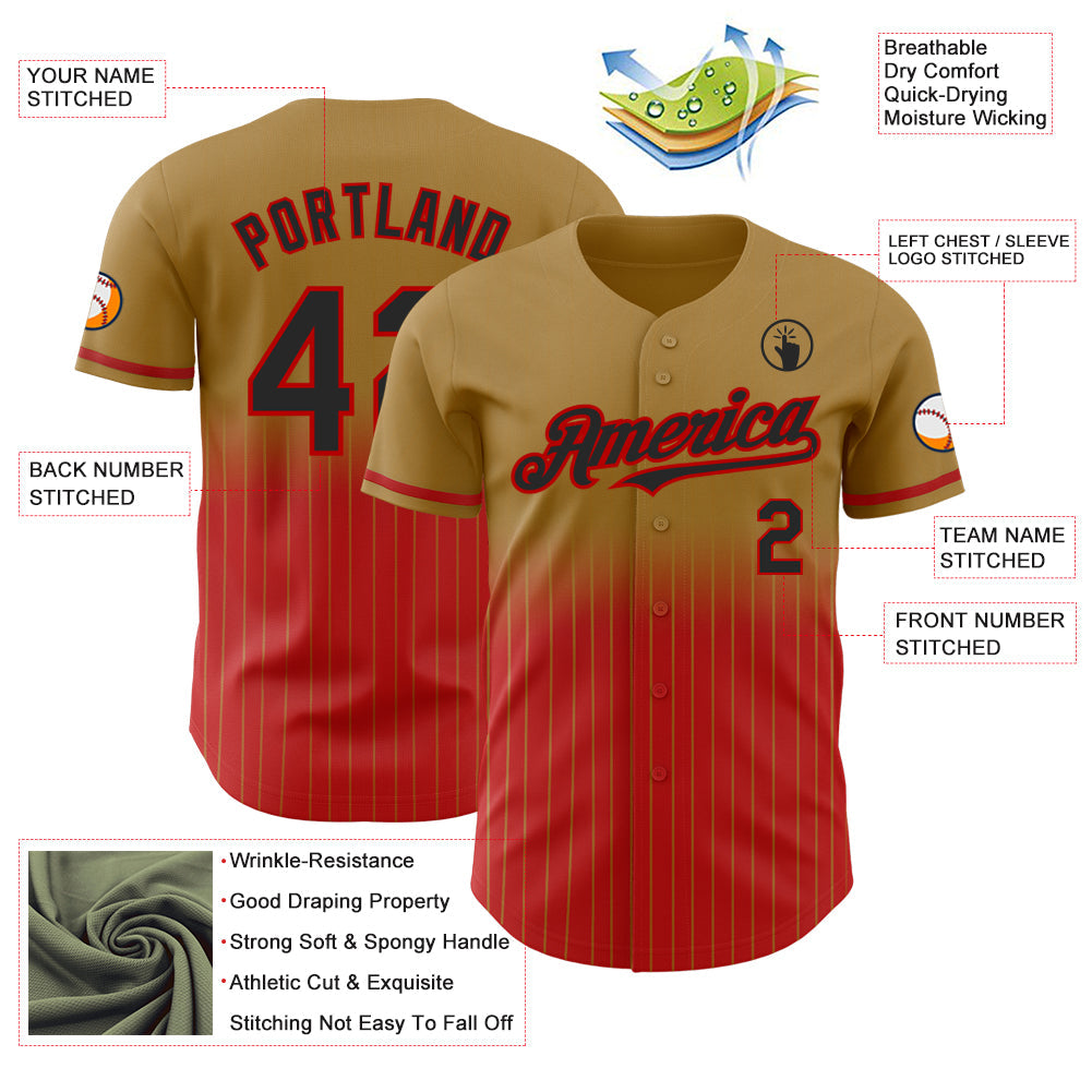 Custom Old Gold Pinstripe Black-Red Authentic Fade Fashion Baseball Jersey - Sky-Custom