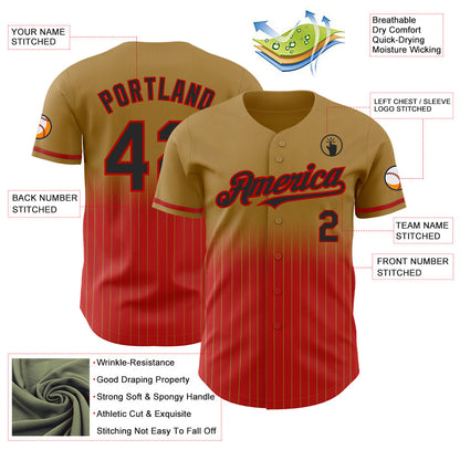Custom Old Gold Pinstripe Black-Red Authentic Fade Fashion Baseball Jersey - Sky-Custom