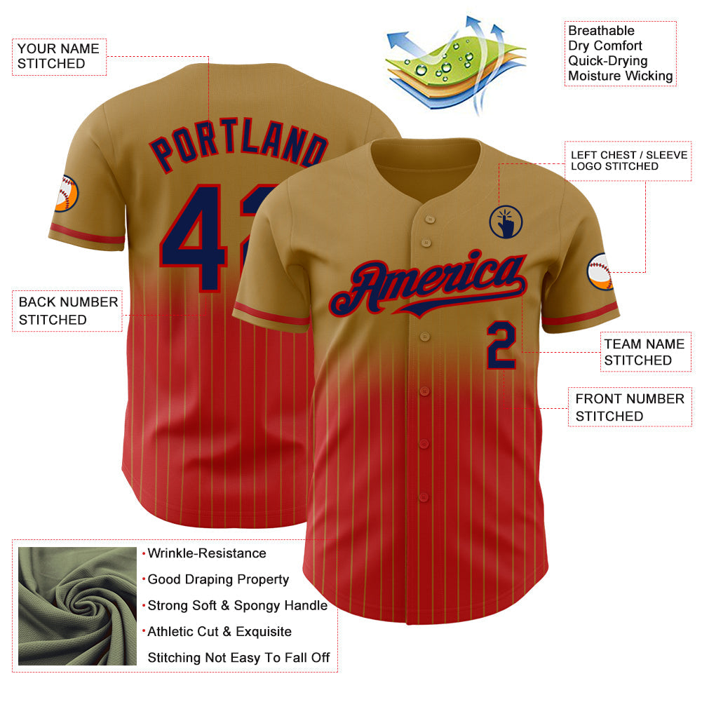 Custom Old Gold Pinstripe Navy-Red Authentic Fade Fashion Baseball Jersey - Sky-Custom